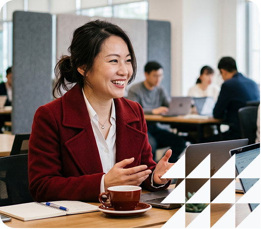 Lady with bun up hair in red blazer with Laptop